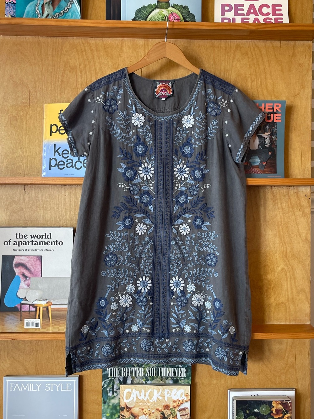 Johnny Was Linen Gray Embroidered Mini Dress with Blue Floral Embroidery